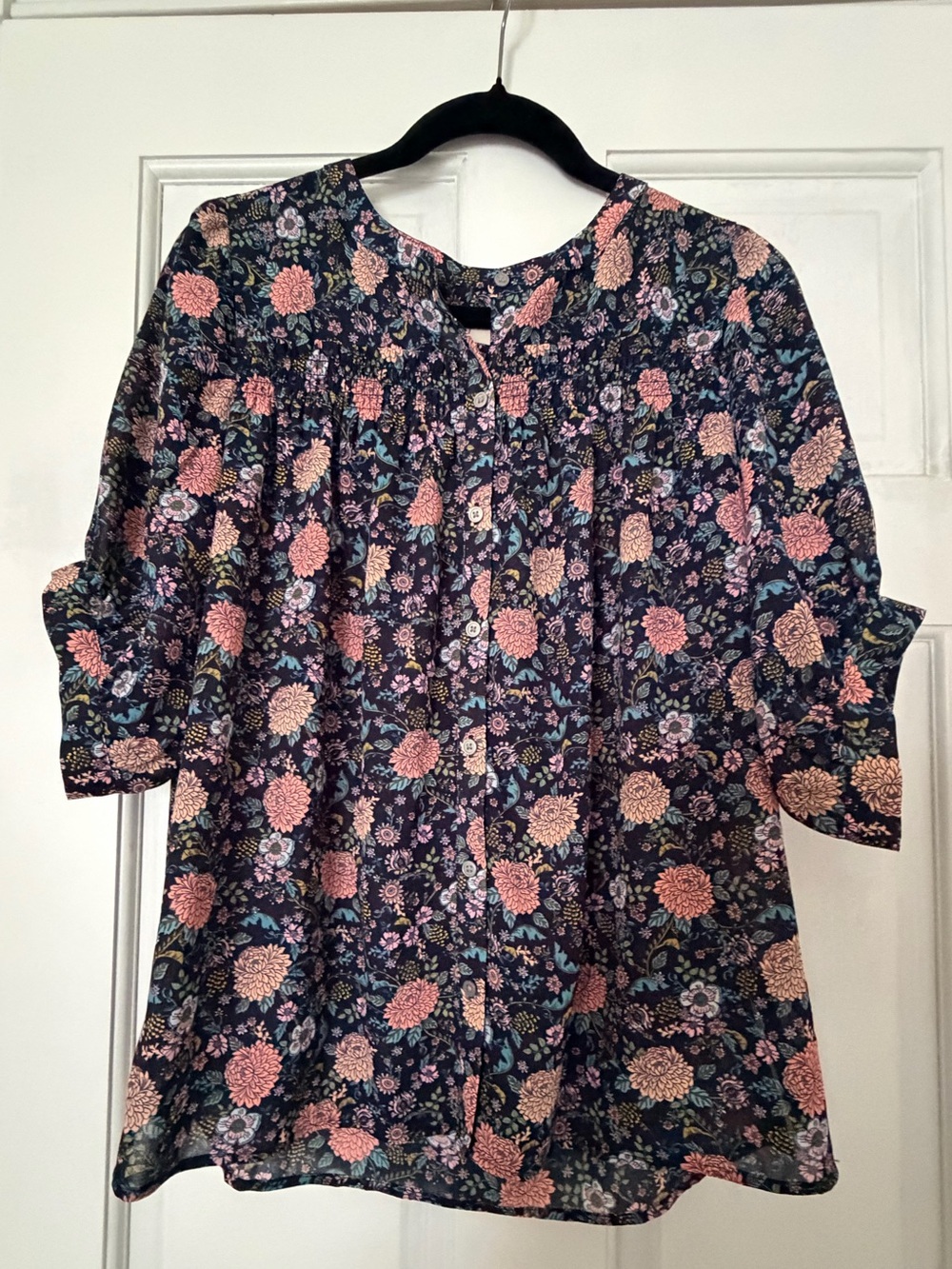 LOFT Navy Floral Button-Front Blouse with Pink Flowers